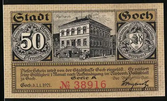 Notgeld Goch 1921, 50 Pfennig, Rathaus, Wappen