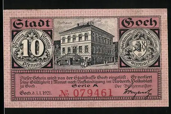 Notgeld Goch 1921, 10 Pfennig, Rathaus, Wappen