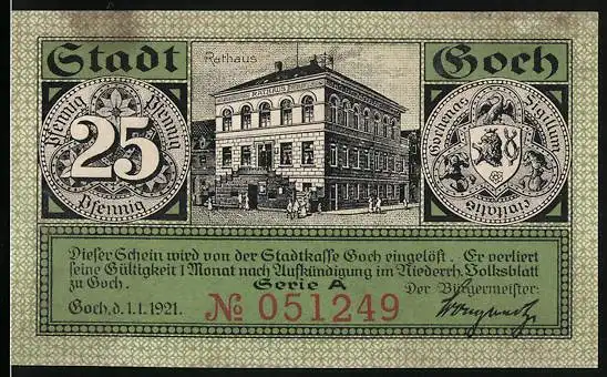 Notgeld Goch 1921, 25 Pfennig, Rathaus, Wappen