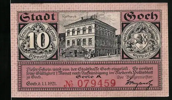 Notgeld Goch 1921, 10 Pfennig, Rathaus, Stadtwappen