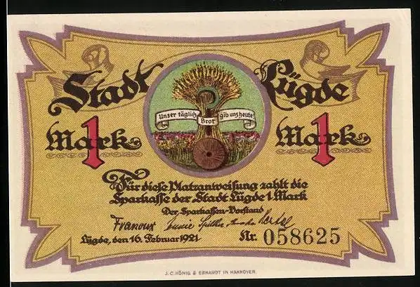 Notgeld Lügde 1921, 1 Mark, Ähren