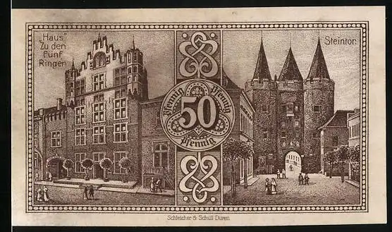 Notgeld Goch 1921, 50 Pfennig, Haus Zu den fünf Ringen, Steintor