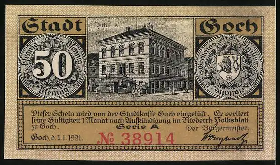 Notgeld Goch 1921, 50 Pfennig, Haus Zu den fünf Ringen, Steintor