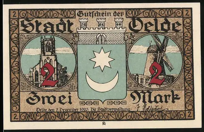 Notgeld Oelde 1920, 2 Mark, Kirche, Windmühle, Stadtwappen