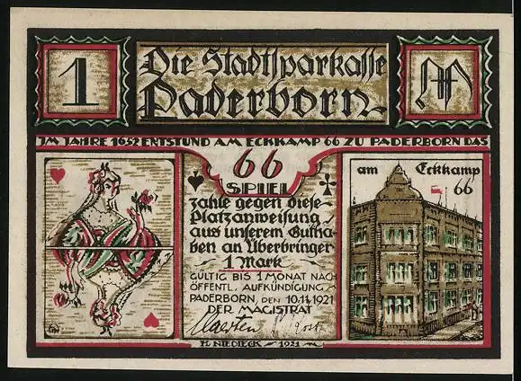 Notgeld Paderborn 1921, 1 Mark, Vier Männer bei Ernestus Fröhlich im Haus am Eckkamp 66 beim Kartenspiel