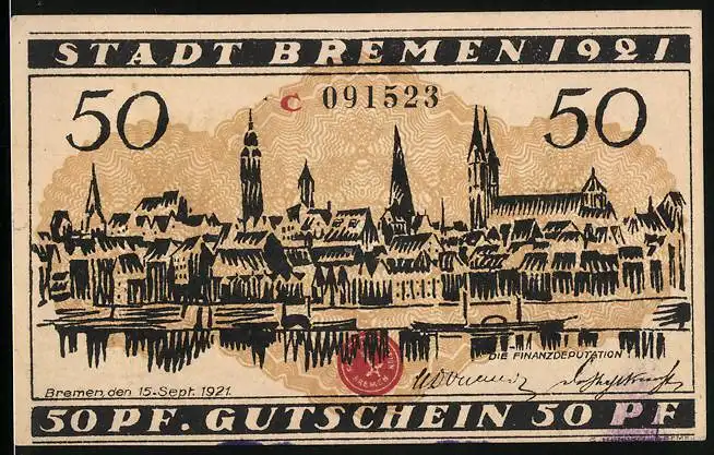 Notgeld Bremen 1921, 50 Pfennig, Teilansicht mit Kirche