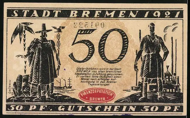 Notgeld Bremen 1921, 50 Pfennig, Teilansicht mit Kirche