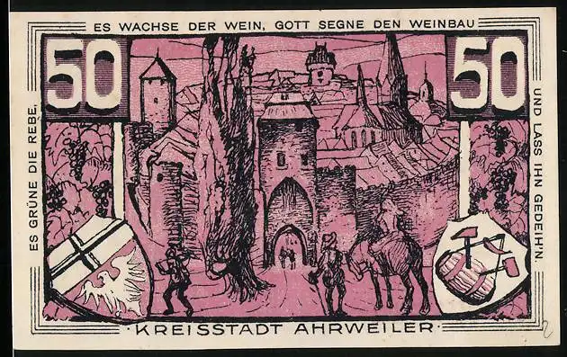 Notgeld Ahrweiler 1921, 50 Pfennig, Reiter am Tor, Wappen