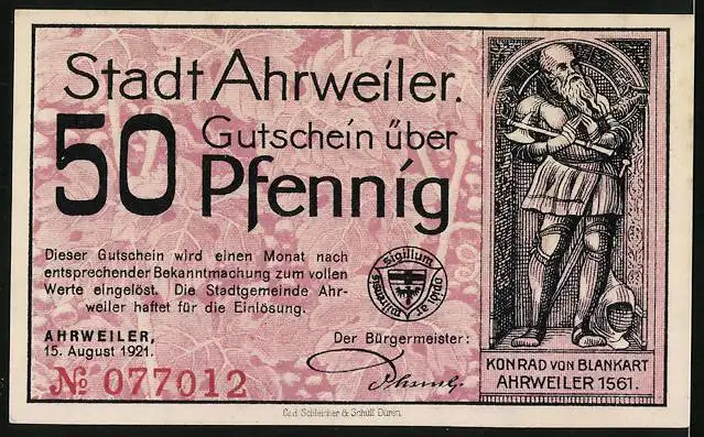 Notgeld Ahrweiler 1921, 50 Pfennig, Reiter am Tor, Wappen