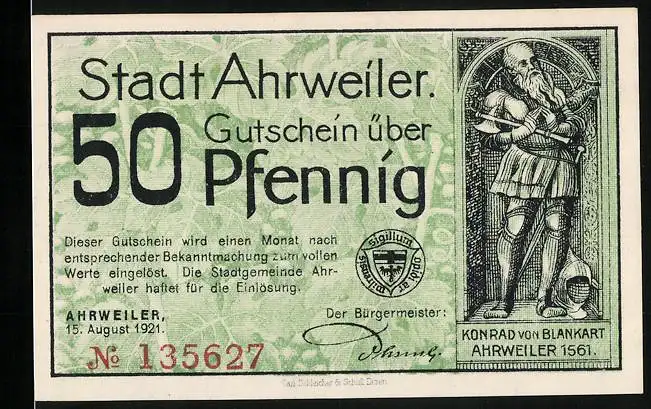 Notgeld Ahrweiler 1921, 50 Pfennig, Konrad von Blankart