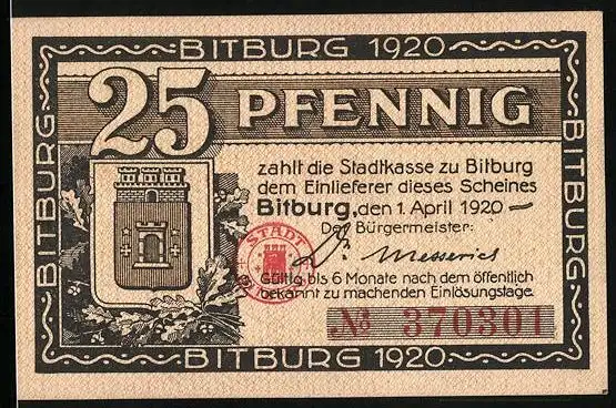 Notgeld Bitburg 1920, 25 Pfennig, Stadtwappen