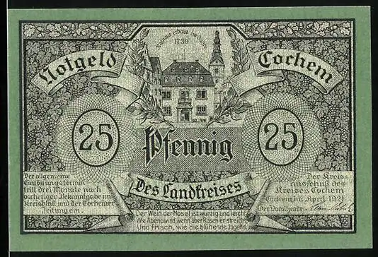 Notgeld Cochem 1921, 25 Pfennig, Rathaus, Burg Cochem
