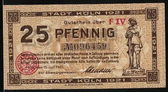 Notgeld Köln 1921, 25 Pfennig, J. von Werth