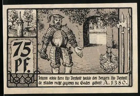 Notgeld Diepholz 1921, 75 Pfennig, Johann in Rüstung