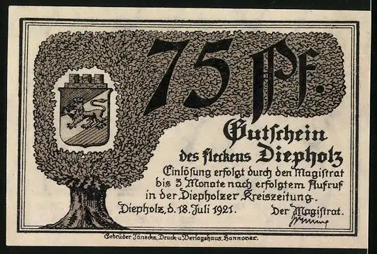 Notgeld Diepholz 1921, 75 Pfennig, Johann in Rüstung