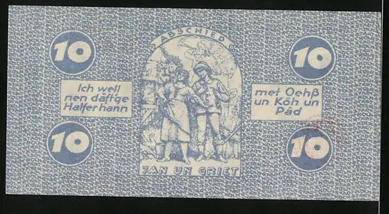 Notgeld Köln 1921, 10 Pfennig, Jan und Griet beim Abschied