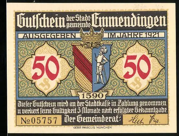 Notgeld Emmendingen 1921, 50 Pfennig, Cornelias Grab, Stadtwappen