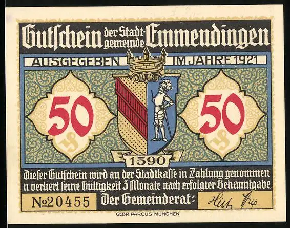 Notgeld Emmendingen 1921, 50 Pfennig, Marktplatz mit altem Brunnen, Stadtwappen
