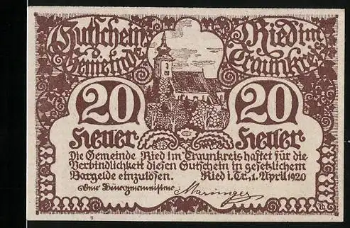 Notgeld Ried /Traunkreis 1920, 20 Heller, Die Kirche