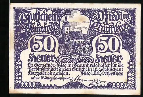 Notgeld Ried /Traunkreis 1920, 50 Heller, Die Kirche