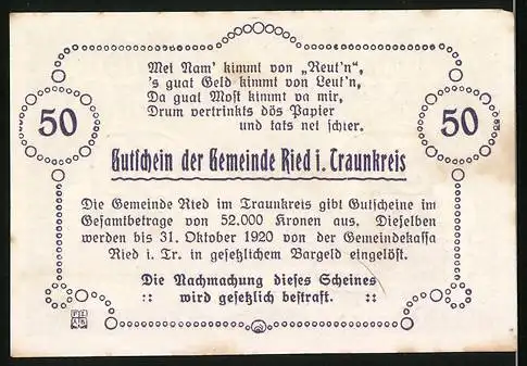 Notgeld Ried /Traunkreis 1920, 50 Heller, Die Kirche