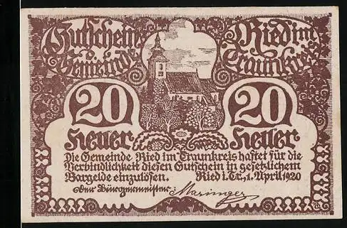 Notgeld Ried /Traunkreis 1920, 20 Heller, Blick auf die Kirche