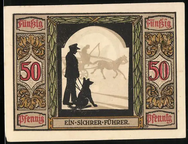 Notgeld Oldenburg 1921, 50 Pfennig, Führhund für Kriegsblinde, ein sicherer Führer