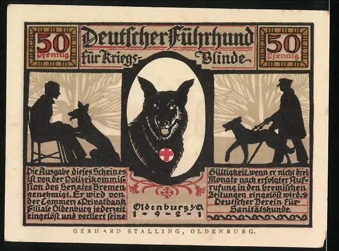 Notgeld Oldenburg 1921, 50 Pfennig, Führhund für Kriegsblinde, ein sicherer Führer
