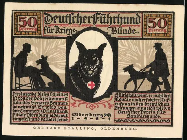 Notgeld Oldenburg 1921, 50 Pfennig, Führhund für Kriegsblinde, ein treuer Wegweiser