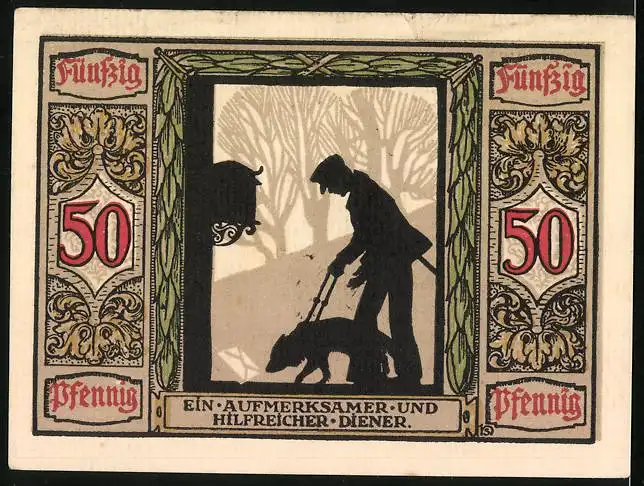 Notgeld Oldenburg 1921, 50 Pfennig, Führhund für Kriegsblinde, ein aufmerksamer und hilfreicher Diener