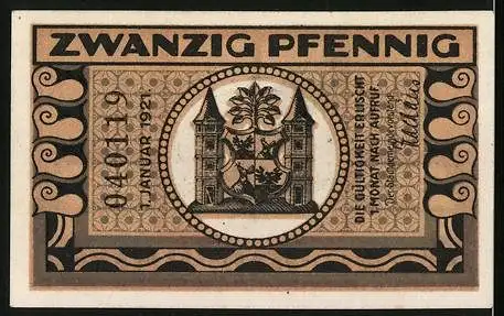 Notgeld Ilmenau 1921, 20 Pfennig, Alter Herr auf einer Bank an einer Waldhütte