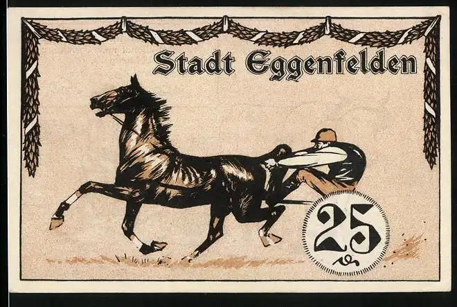 Notgeld Eggenfelden, 25 Pfennig, Rennreiter am Schweif seines Pferdes, Rinderpflug