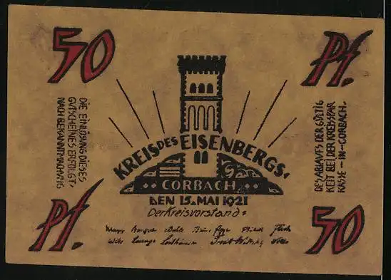Notgeld Corbach /Eisenberg 1921, 50 Pfennig, Frau mit Prunkschwert und einem Stern