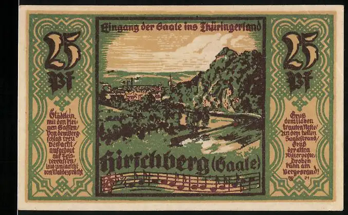 Notgeld Hirschberg /Saale 1921, 25 Pfennig, Eingang der Saale ins Thüringer Land