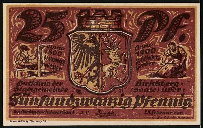 Notgeld Hirschberg /Saale 1921, 25 Pfennig, Eingang der Saale ins Thüringer Land