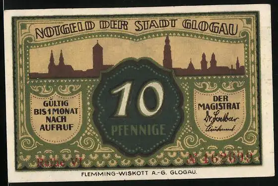 Notgeld Glogau, 10 Pfennig, Silhouette der Stadt, Wappen