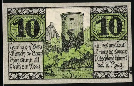 Notgeld Salzwedel 1921, 10 Pfennig, Bauern bei der Arbeit, Burgturm