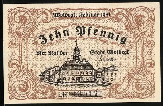 Notgeld Woldegk 1921, 10 Pfennig, Blick aufs Rathaus