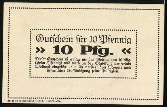 Notgeld Woldegk 1921, 10 Pfennig, Blick aufs Rathaus