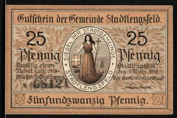 Notgeld Stadtlengsfeld 1919, 25 Pfennig, Stadtsiegel, Kriegsmal