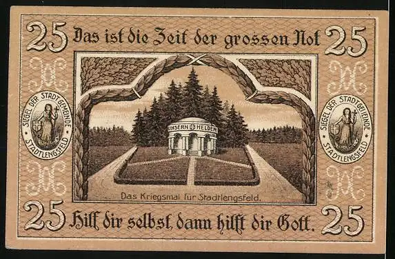 Notgeld Stadtlengsfeld 1919, 25 Pfennig, Stadtsiegel, Kriegsmal