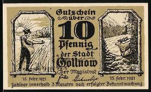 Notgeld Gollnow 1921, 10 Pfennig, Bauer bei der Aussaat, Hirsch auf einer Lichtung, Kirche