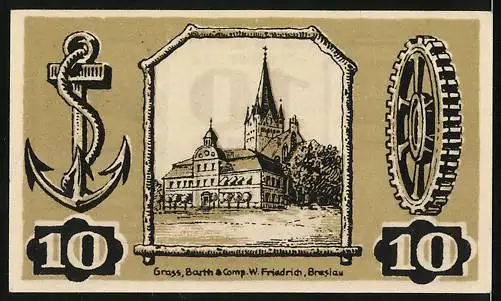 Notgeld Gollnow 1921, 10 Pfennig, Bauer bei der Aussaat, Hirsch auf einer Lichtung, Kirche
