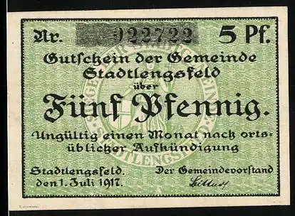 Notgeld Stadtlengsfeld 1917, 5 Pfennig, Stadtsiegel im Hintergrund