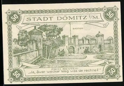 Notgeld Dömitz i. M. 1920, 50 Pfennig, Blick auf die Bastion