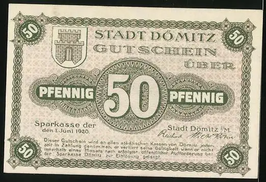 Notgeld Dömitz i. M. 1920, 50 Pfennig, Blick auf die Bastion