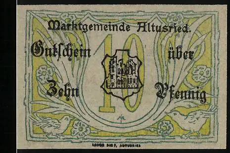 Notgeld Altusried 1920, 10 Pfennig, Ortspartie, Schwein und Rüben
