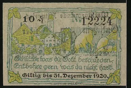 Notgeld Altusried 1920, 10 Pfennig, Ortspartie, Schwein und Rüben