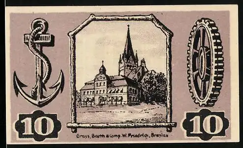 Notgeld Gollnow 1921, 10 Pfennig, Bauer bei der Aussaat, Hirsch auf einer Lichtung, Kirche, Zahnrad, Anker