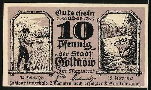 Notgeld Gollnow 1921, 10 Pfennig, Bauer bei der Aussaat, Hirsch auf einer Lichtung, Kirche, Zahnrad, Anker